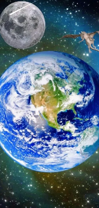 Earth and moon with dragon in space wallpaper.