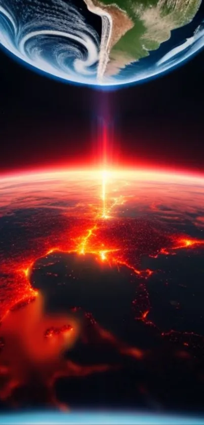 Vivid view of Earth from space with red and blue hues.