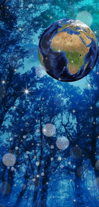 Earth floats above a starry blue forest.