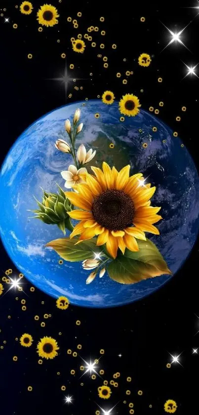 Earth with sunflowers mobile wallpaper, nature and space themed.