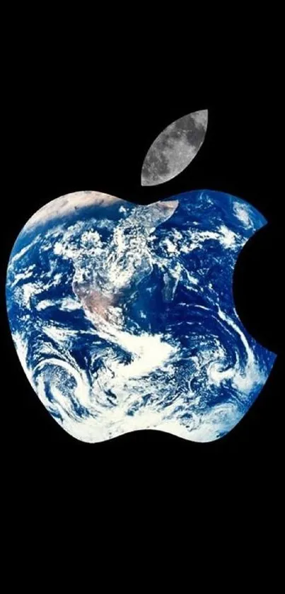 Earth inside Apple logo on black background.