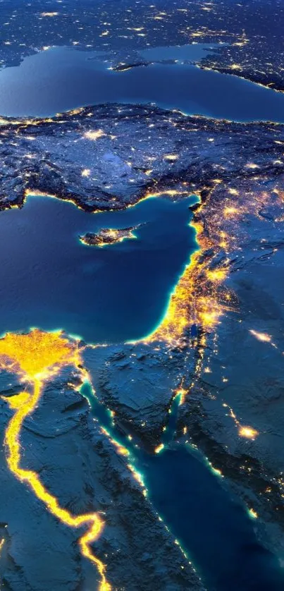 A vibrant satellite view of Earth at night showcasing illuminated cities.