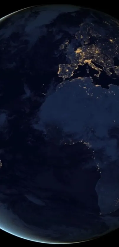 Dark Earth at night from space with glowing city lights.