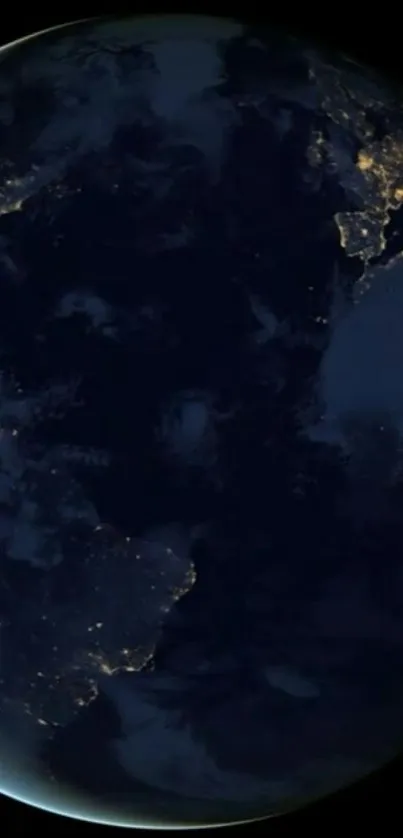 Dark view of Earth with glowing city lights from space.