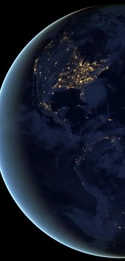 Mobile wallpaper of Earth seen from space at night, highlighting city lights.