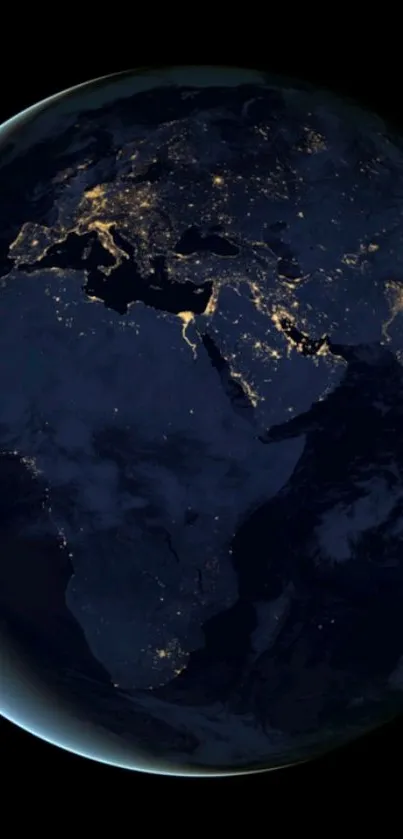 Satellite view of Earth at night highlighting city lights.