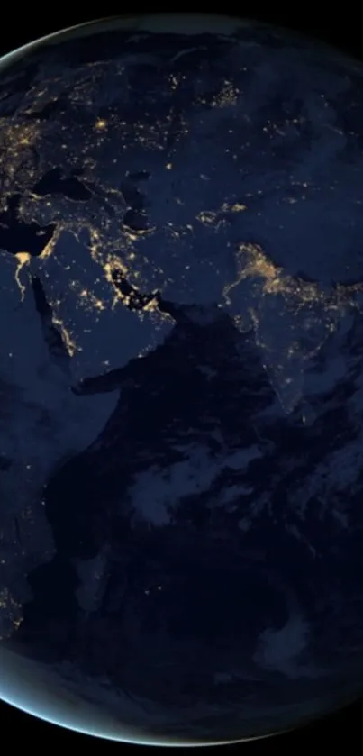 Earth view from space at night with city lights and dark blue hue.