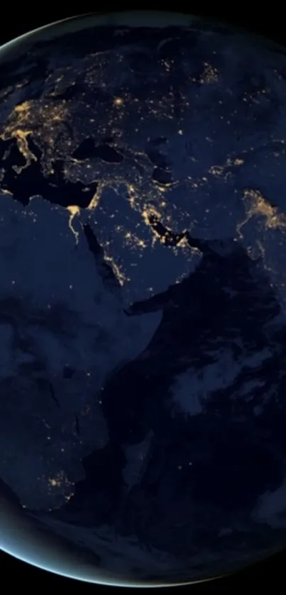 A stunning view of Earth at night, showing city lights and oceans.