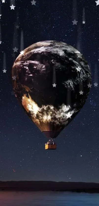 Earth-themed hot air balloon against a starry night sky wallpaper.