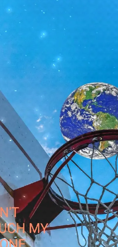 Globe as basketball in hoop against blue sky.