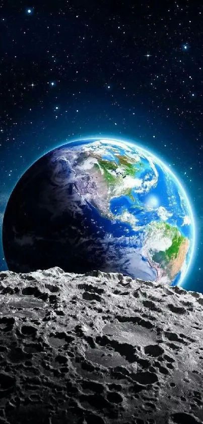 Earth from moon with starry sky mobile wallpaper.