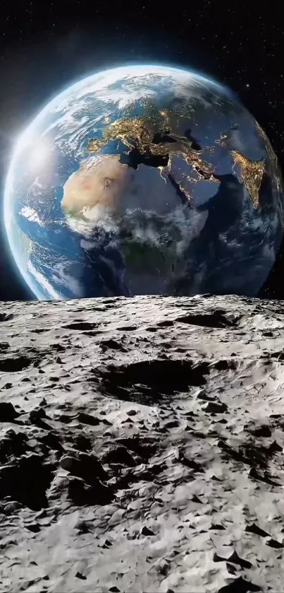 Earth seen from the Moon with starry cosmic background.