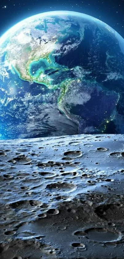 View of Earth from moon with space backdrop.