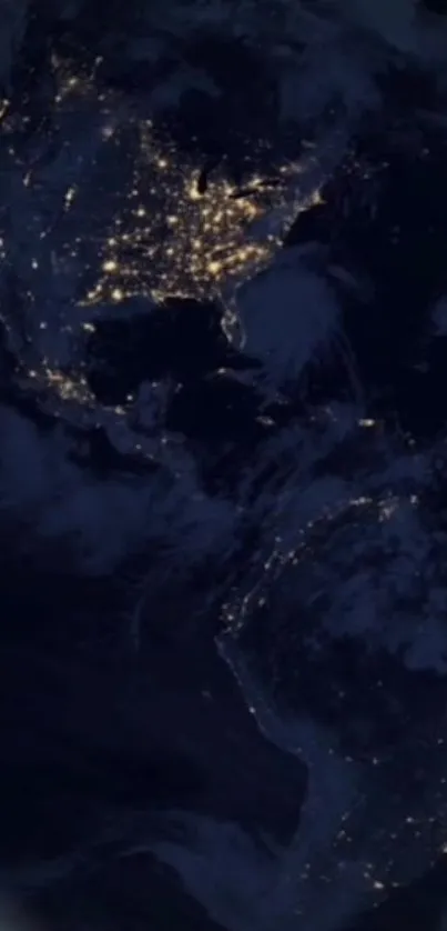 View of Earth's cities illuminated at night from space.