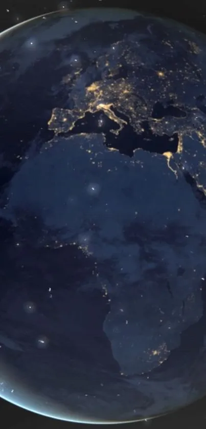 Earth viewed from space with glowing city lights at night.