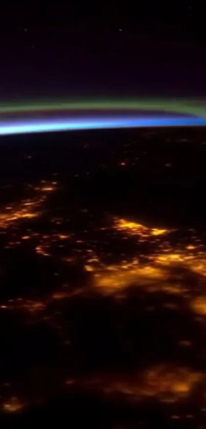 Earth's night view from space showing glowing lights.