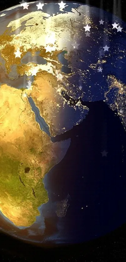 A breathtaking view of Earth from space, showing continents and city lights.