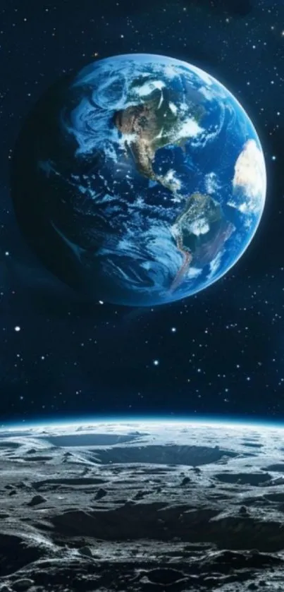 View of Earth from space with starry background.