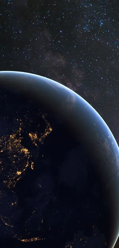 View of Earth from space with starry sky.