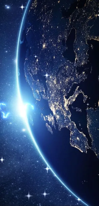 Mobile wallpaper of Earth from space at night with city lights and stars.