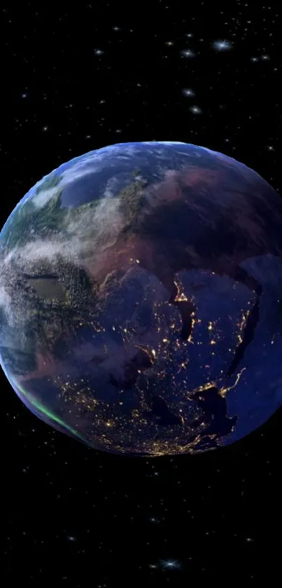 Stylized view of Earth from space with city lights visible.