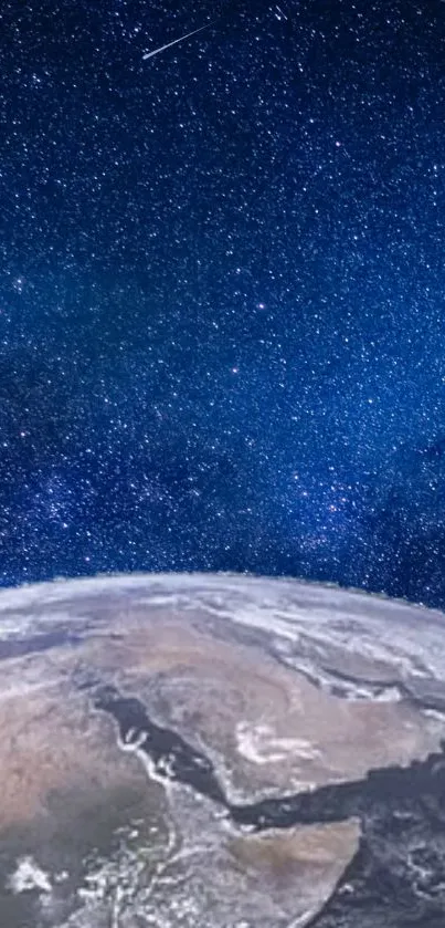 Earth viewed from space with starry background.