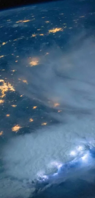 Stunning view of Earth from space with illuminated city lights and swirling clouds.