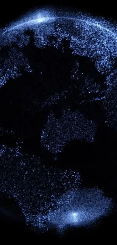 Glowing night view of Earth with blue dots in cosmic scene.