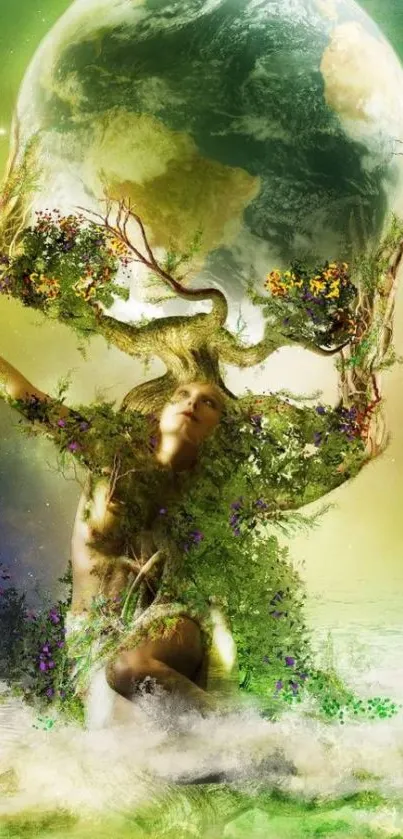 Fantasy Earth goddess cradling the planet with vibrant greenery.