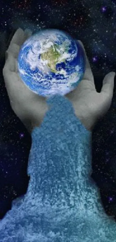 A cosmic hand holds Earth against a starry night sky, flowing water effect included.