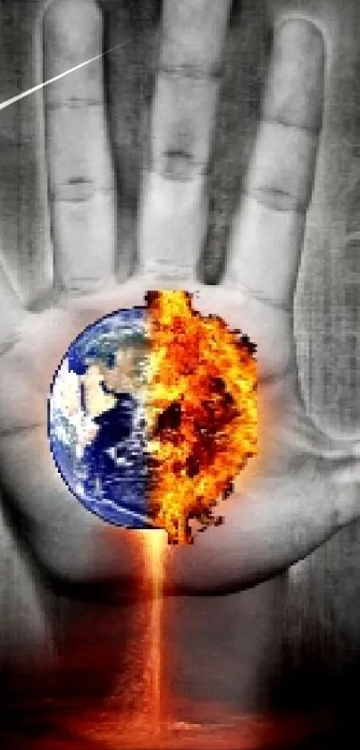 Hand holding fiery Earth wallpaper, symbolizing environmental crisis.