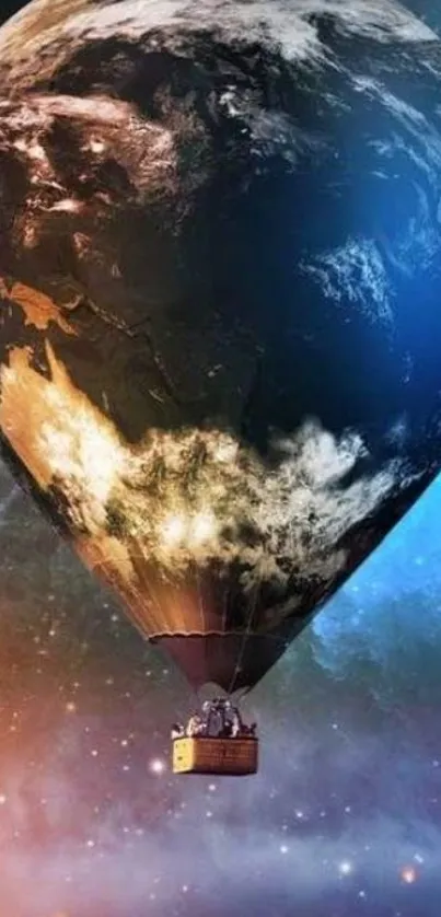 Hot air balloon shaped like Earth floating in space.