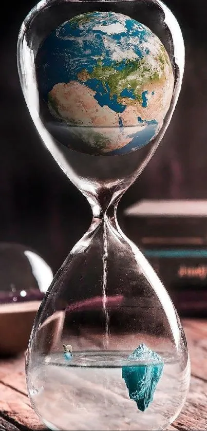 Artistic wallpaper with Earth in hourglass, symbolizing time's impact.