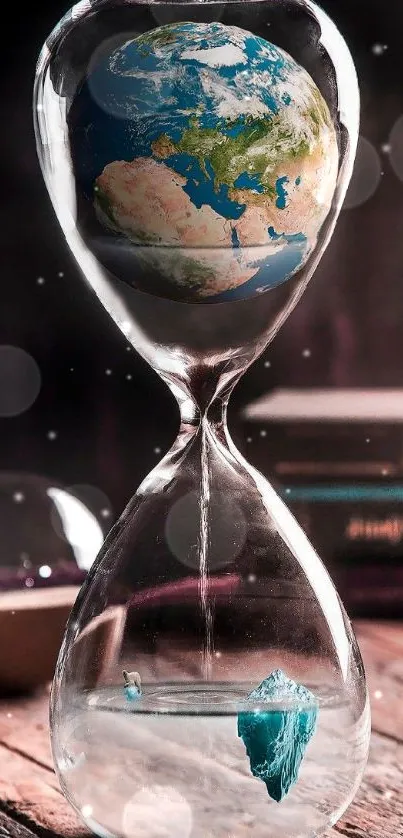 Earth within an hourglass on a wooden table.