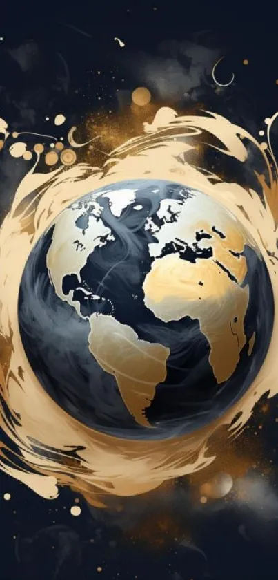 Artistic Earth encircled by gold swirls on dark background.