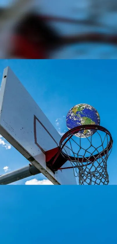 Earth in a basketball hoop under a blue sky, blending sports with nature.