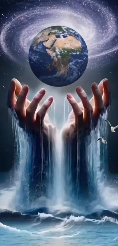 Hands cradling Earth with cosmic water.