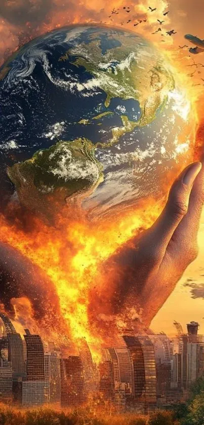 Hands hold a fiery Earth above a cityscape.