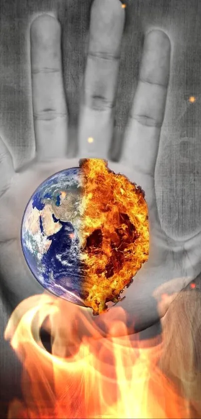 Wallpaper showing Earth in a hand with fire.