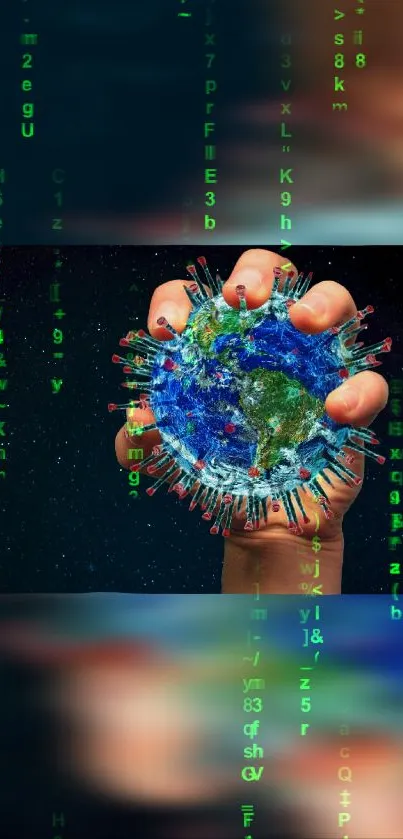 Hand grasping Earth amid digital codes, symbolizing tech influence.