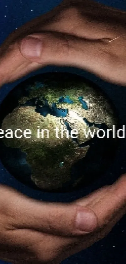 Hands cradling Earth with cosmic background and peace message.
