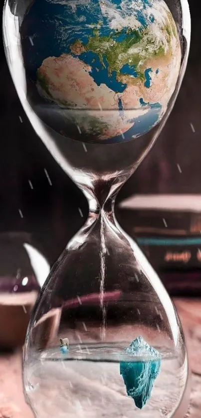 Earth and melting iceberg in a symbolic hourglass design.