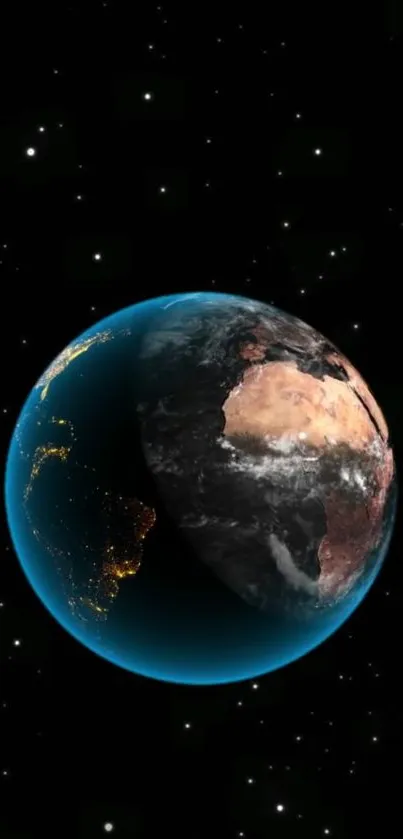 View of Earth in space with dark sky and stars.