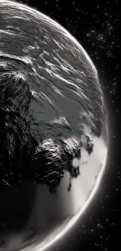 Black and white Earth in space with stars background.