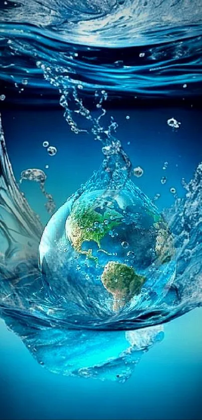 Earth encased in a splash of vibrant blue water imagery.