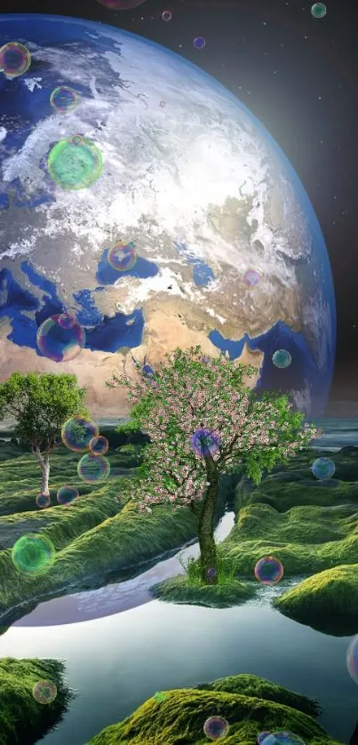 Fantasy landscape with Earth visible from a lush green terrain.