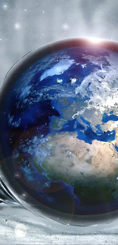 Earth inside a light bulb wallpaper in blue hues with a creative design.