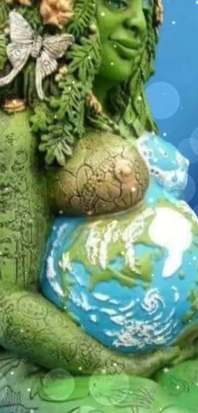 Green Earth Mother figure holding globe against blue backdrop.