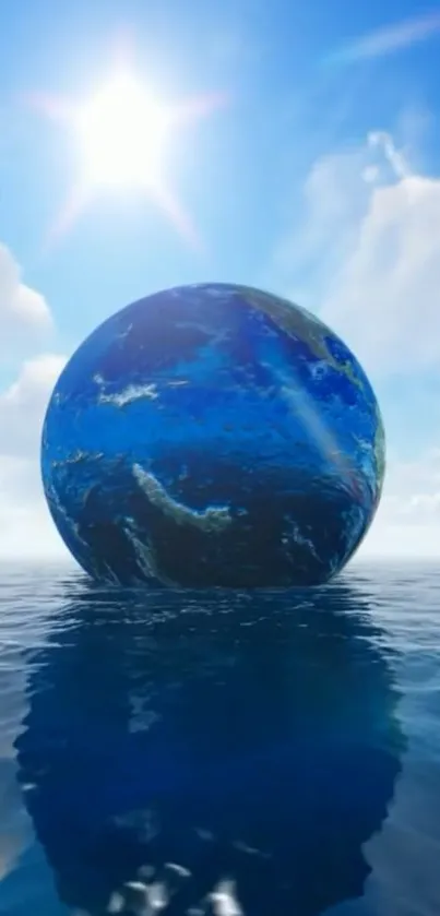 Earth reflecting on the ocean surface with a bright blue sky background.