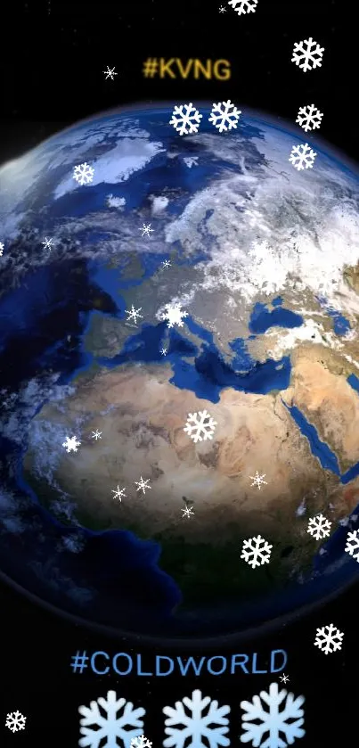 Earth with snowflakes mobile wallpaper, cosmic winter theme.